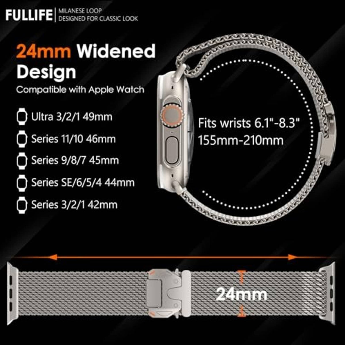 Silver Milanese mesh loop watch band with widened 24mm section and clasp