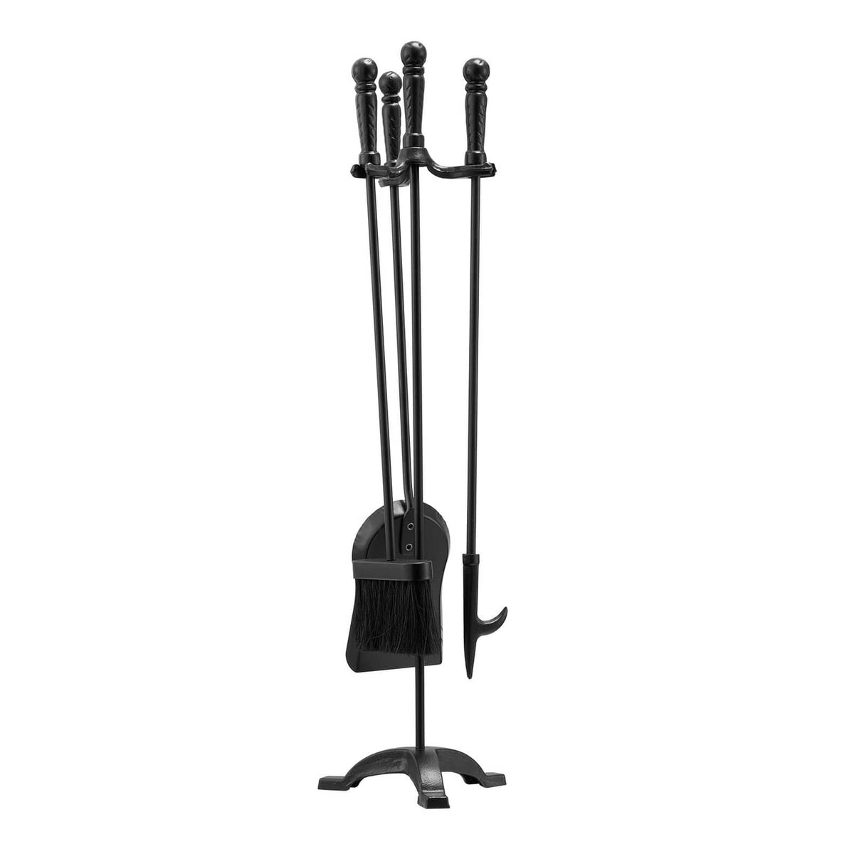Black 4-piece fireplace tool set with stand, shovel, brush, and poker