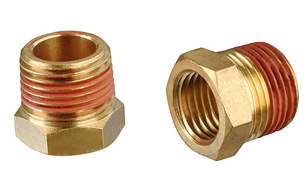Two brass threaded couplers with internal threads, hex heads, and coppery finish