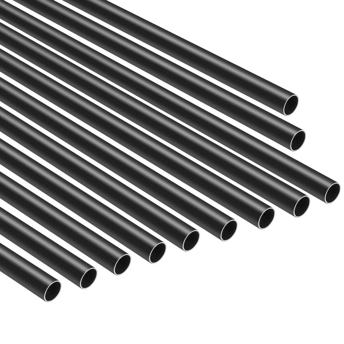 Black aluminum round baluster tubes with open ends lined up for viewing