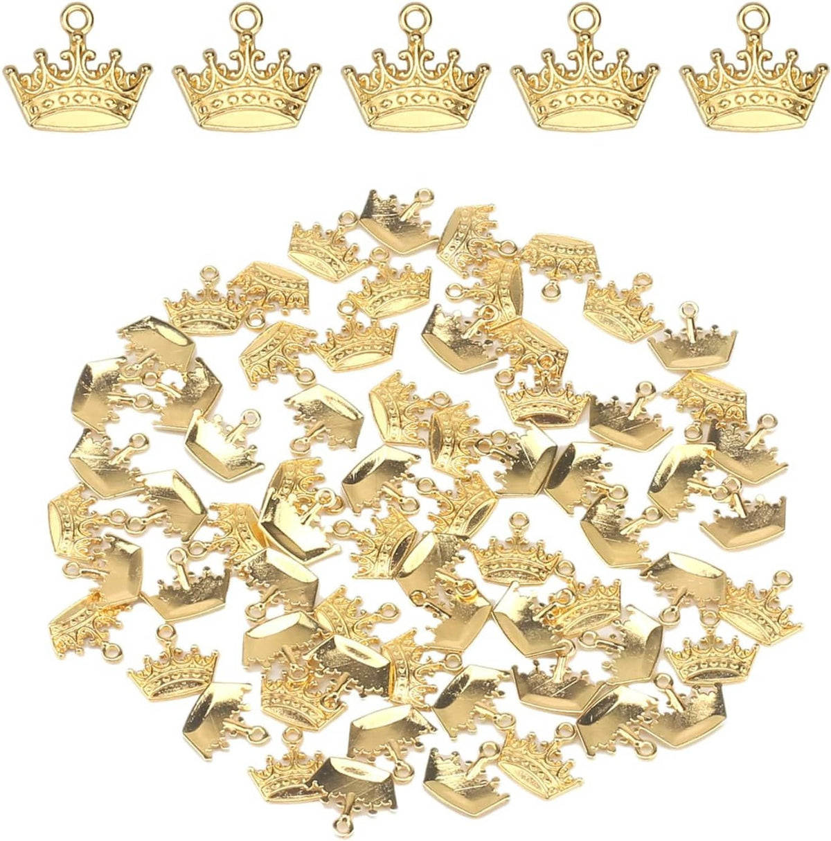 Gold-tone crown charm pendants with ring loops, shown laid in a mixed pile