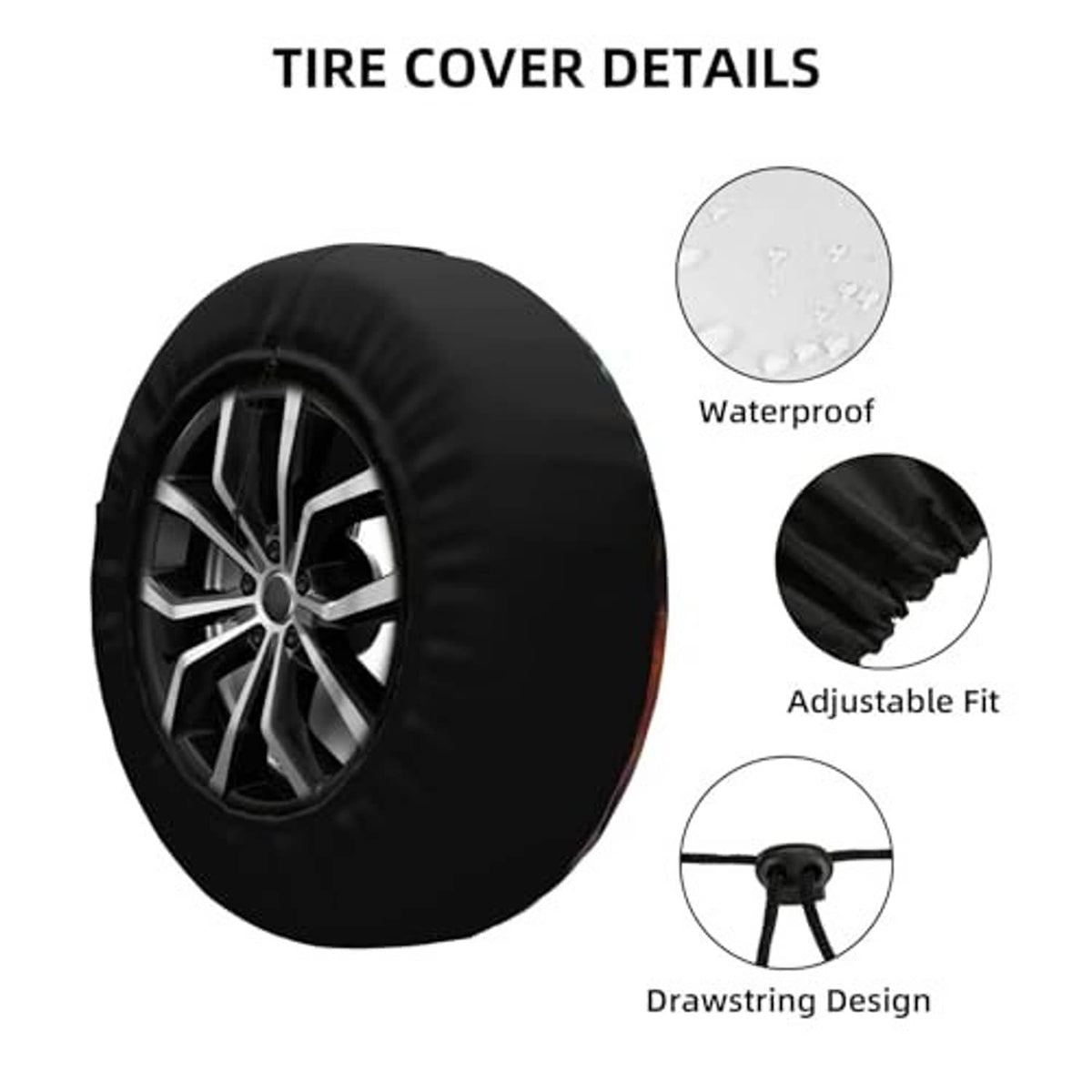 Weatherproof spare tire cover with adjustable drawstring design and black elastic hem
