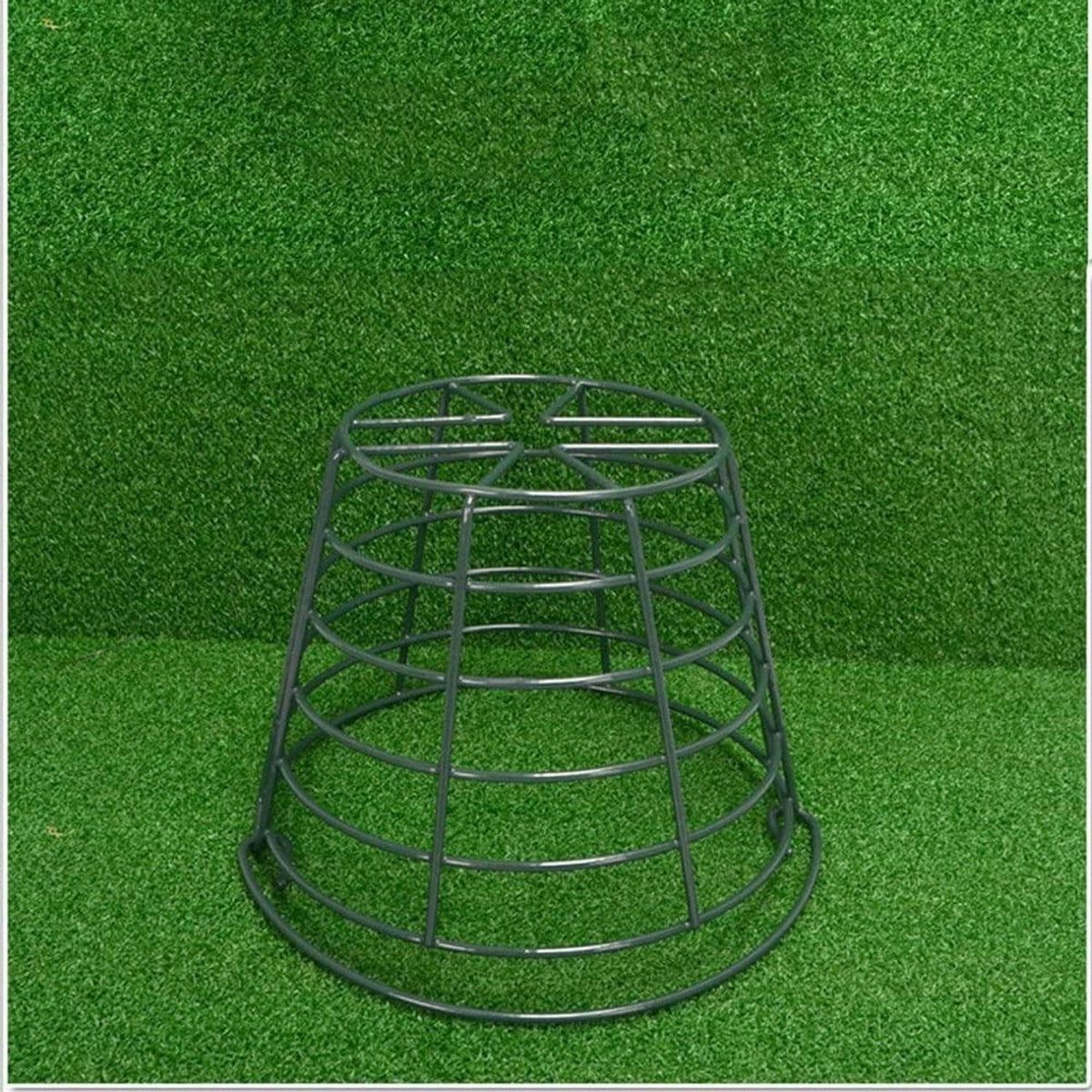 Wire metal golf ball basket base with curved vertical bars and open top
