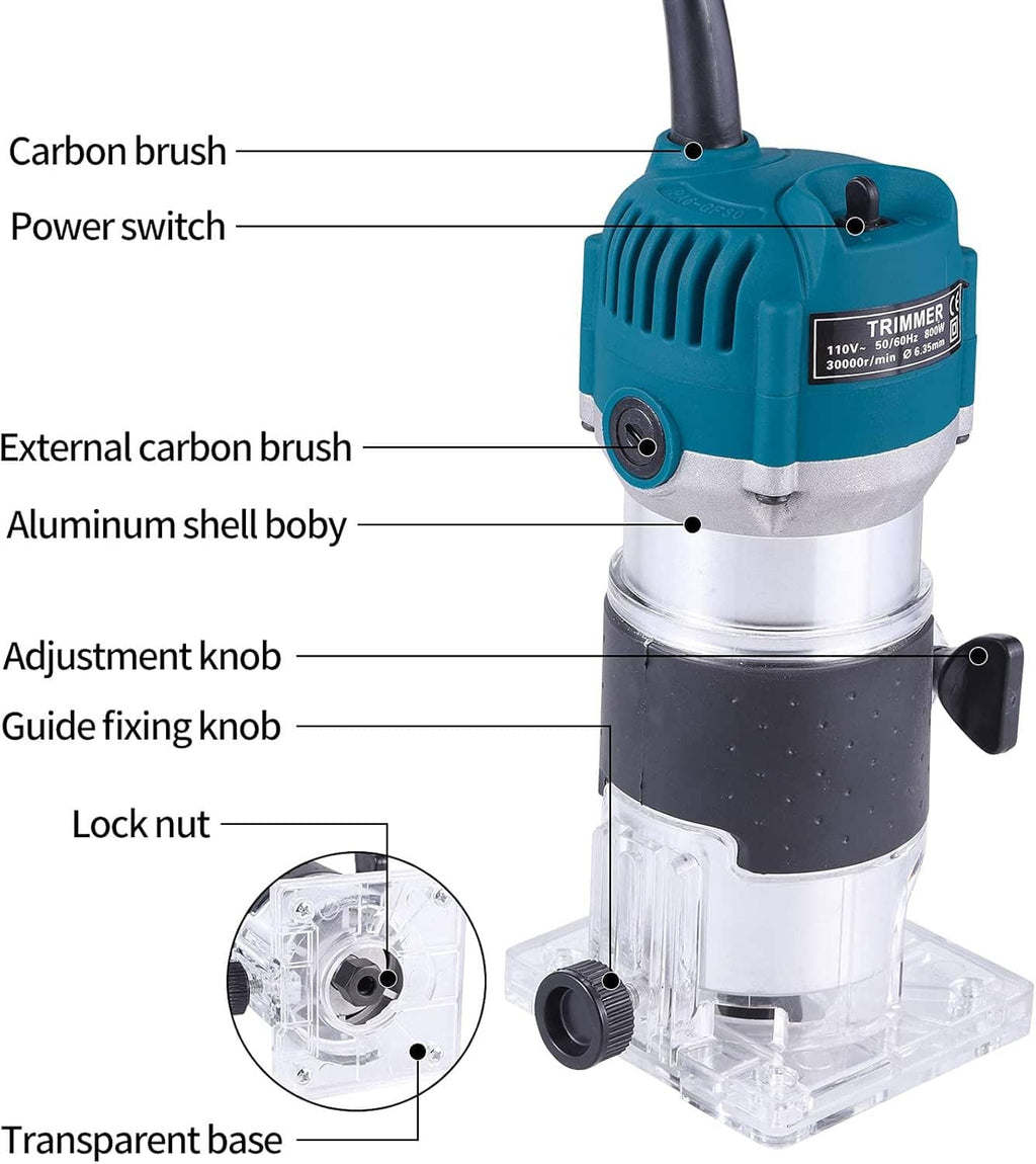 Teal electric router tool with labeled controls and transparent base