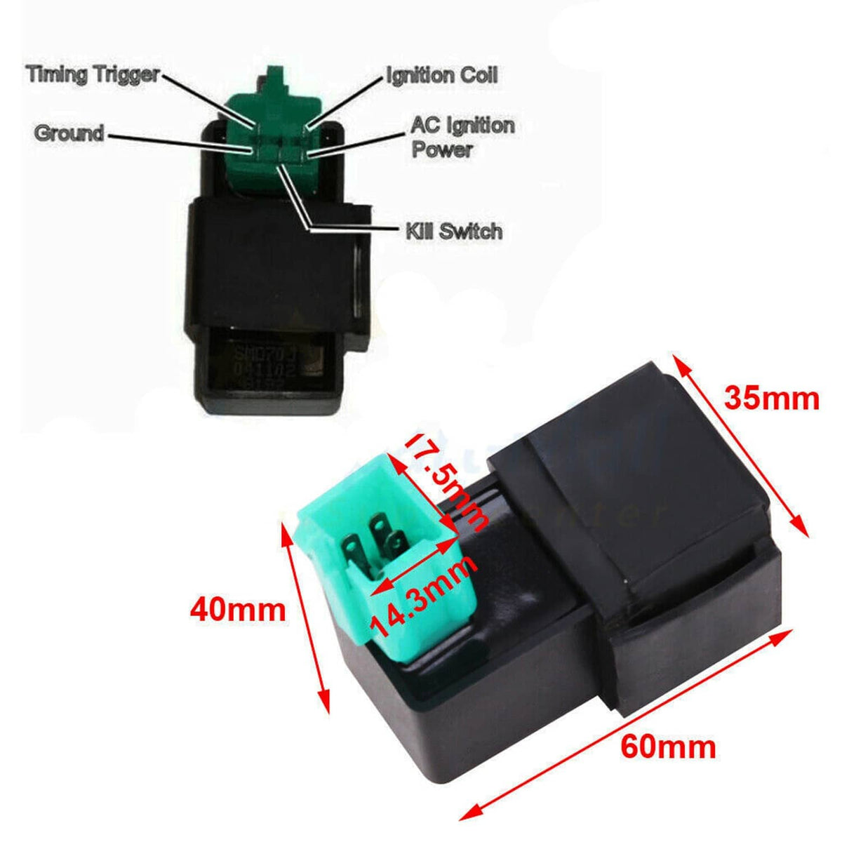 AC CDI ignition box size diagram, 5-pin wiring layout with teal connector