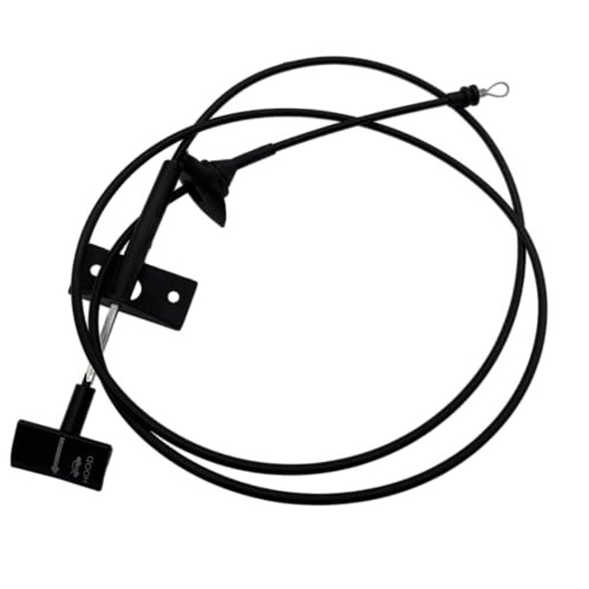 Hood release cable with black handle and metal pin mount