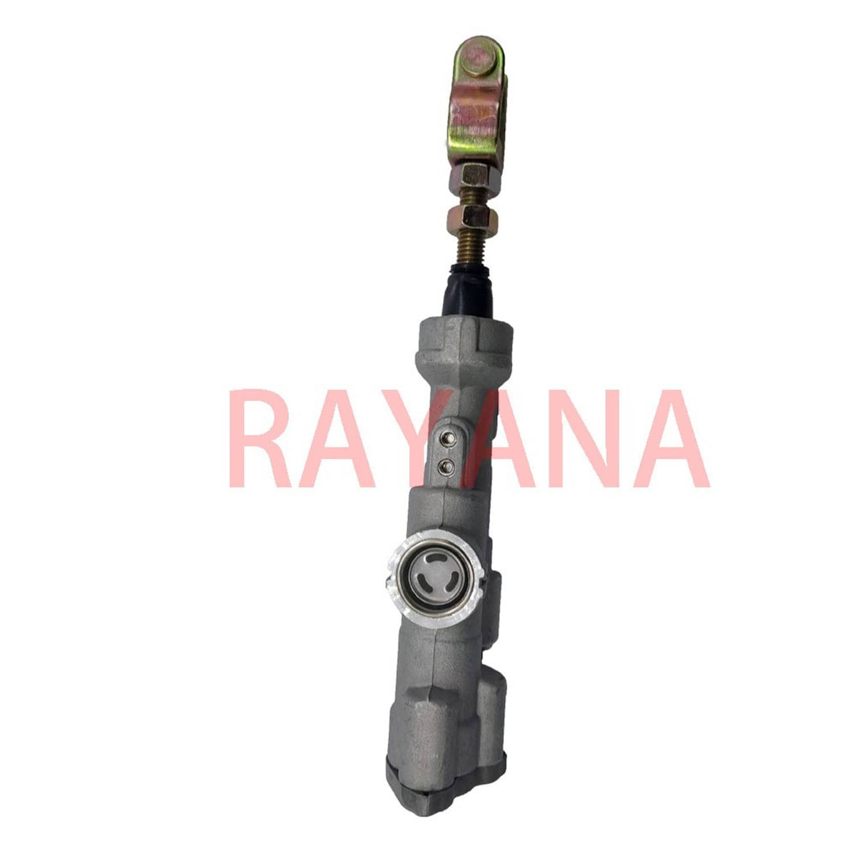 Brake master cylinder with round cap, hose fitting, and top mounting stud