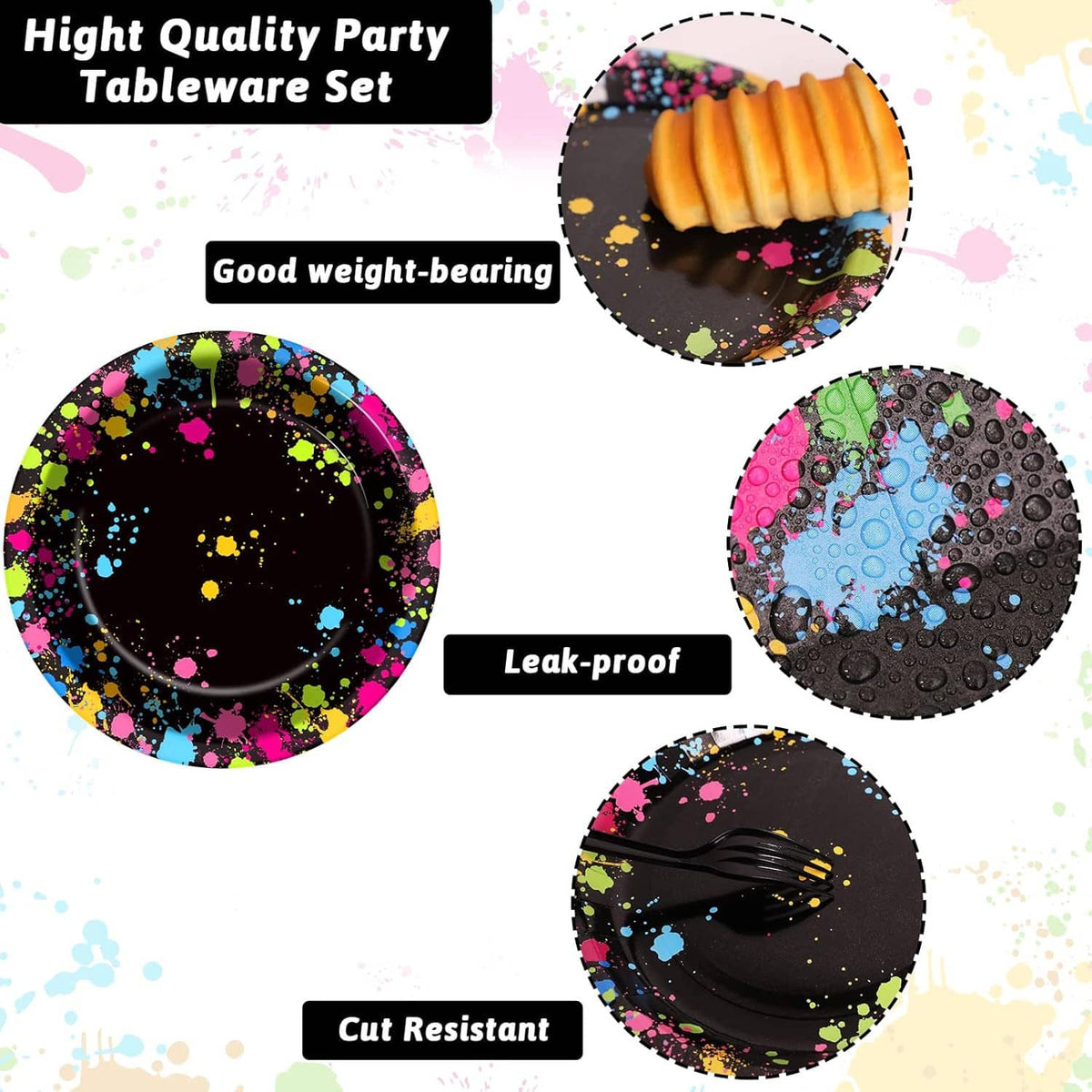 Neon splatter party plates and napkins set with durable cut-resistant design