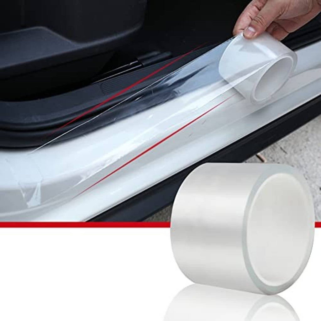 Clear transparent door edge protector roll and installed strip along a car sill