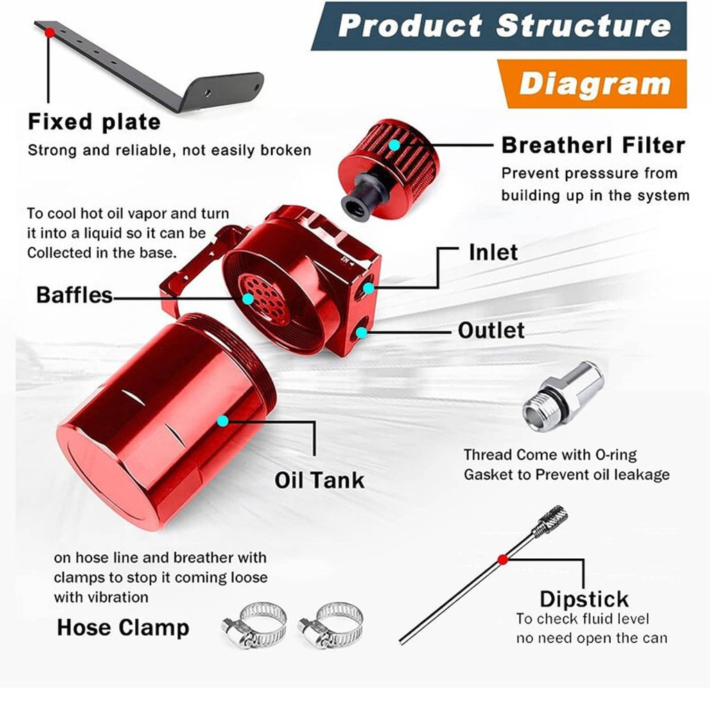 Red oil catch can with inlet/outlet ports and red breather filter assembly