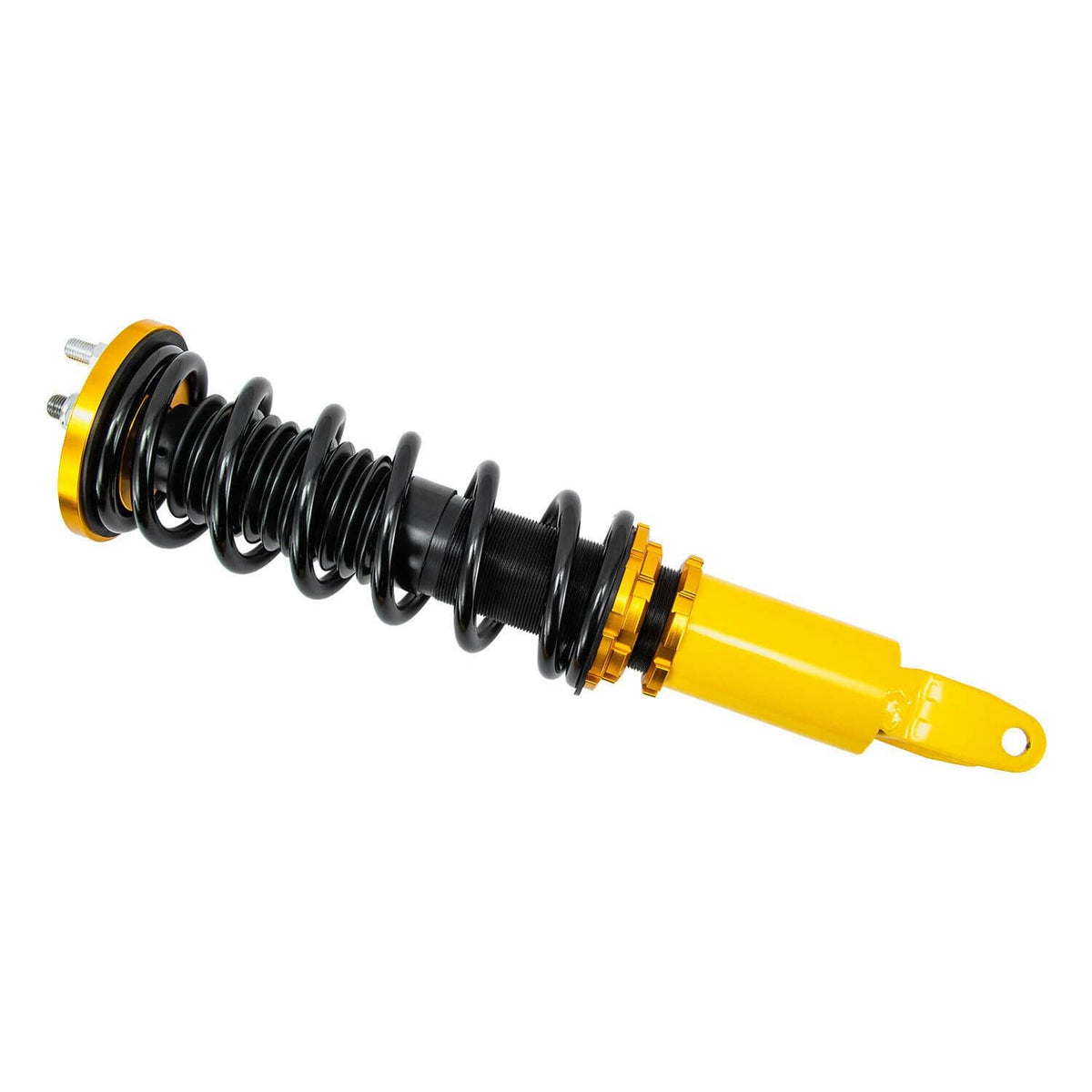 Side view coilover shock with black coil spring and yellow body with mounting eyelet
