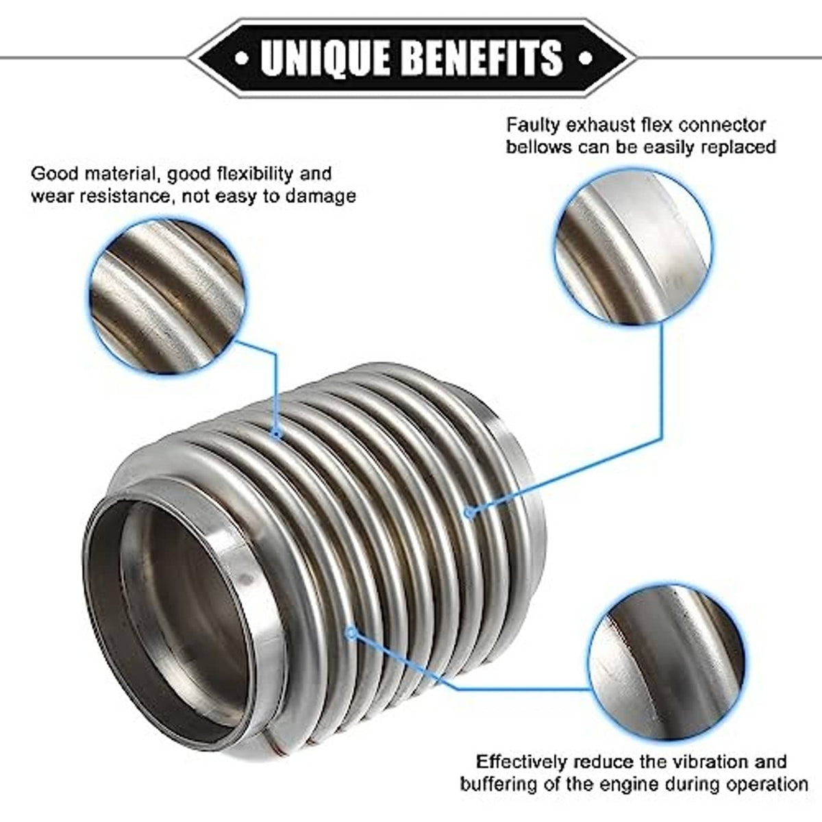 Stainless exhaust flex connector with ribbed bellows and end flange, illustrated callouts