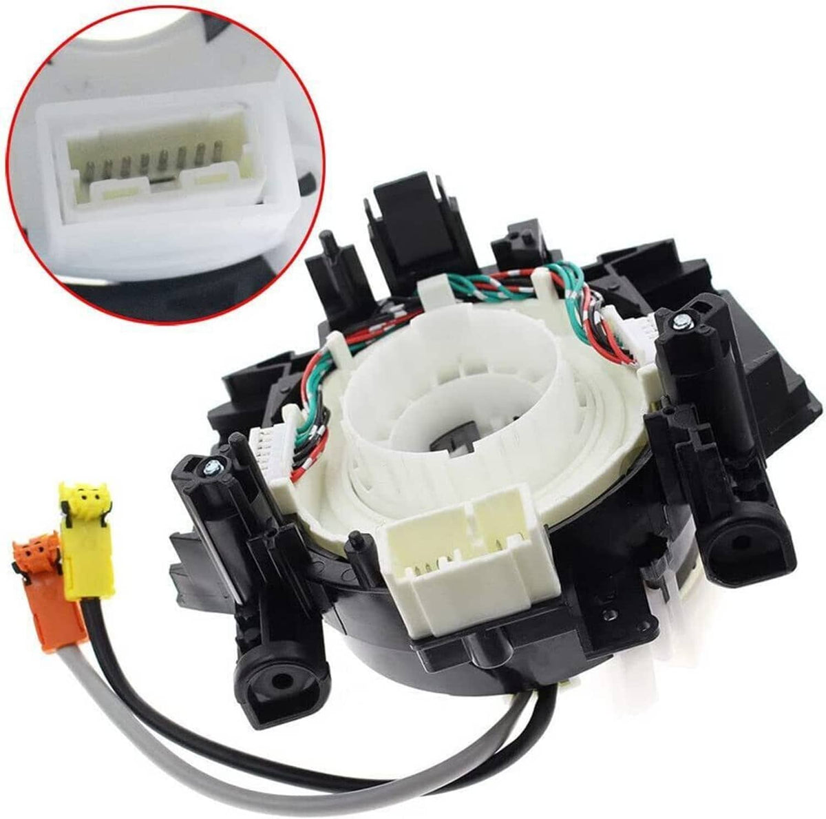 Clock spring spiral cable assembly angled view with exposed connector plug and wiring