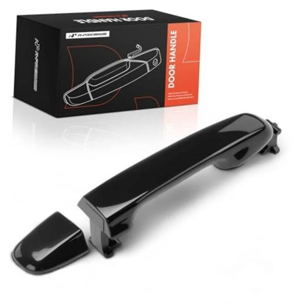 Black front exterior door handle with smooth surface and mounting tabs