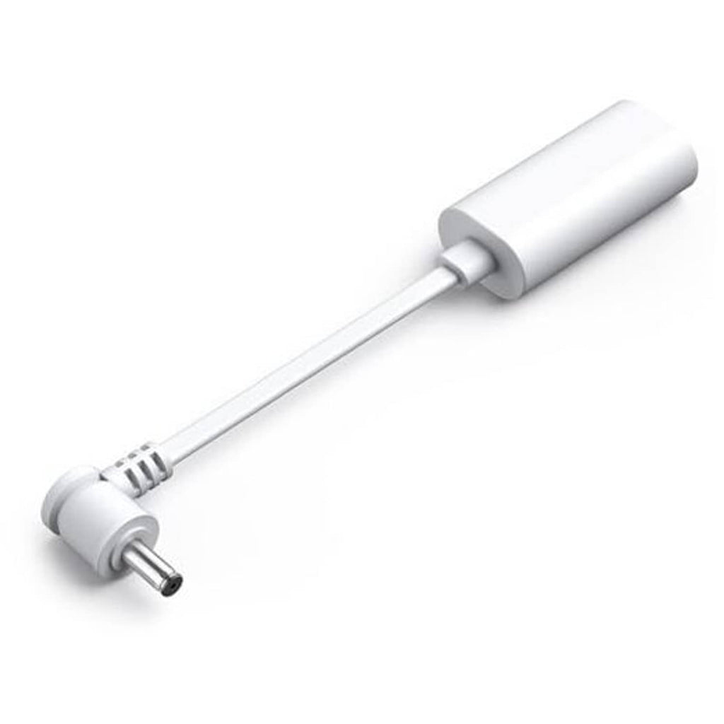 USB-C to DC barrel plug adapter with white cable and silver DC connector ends