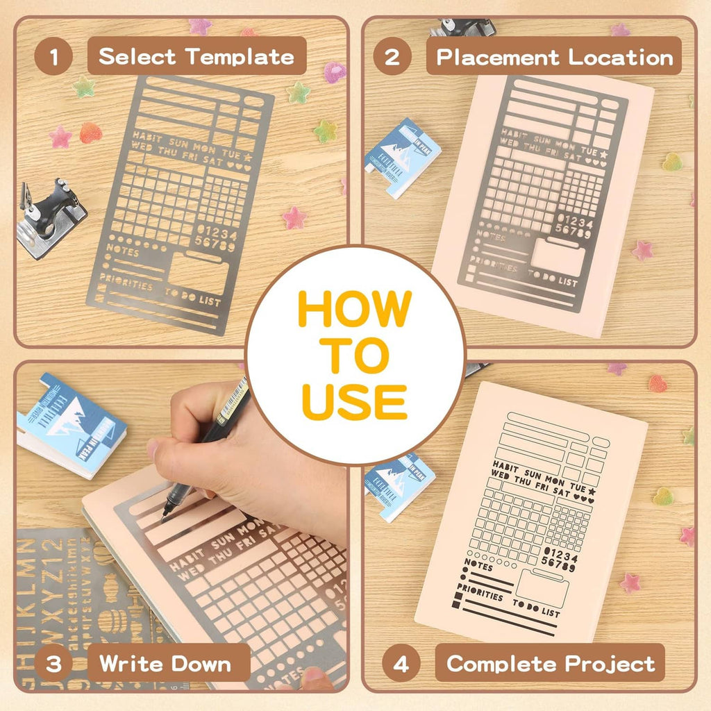 Metal stencil sheet being placed on a planner page with grid and notes layout