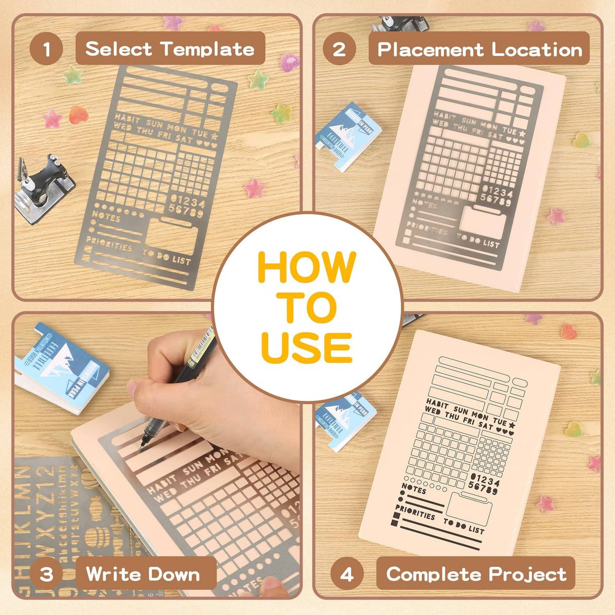 Metal stencil sheet being placed on a planner page with grid and notes layout
