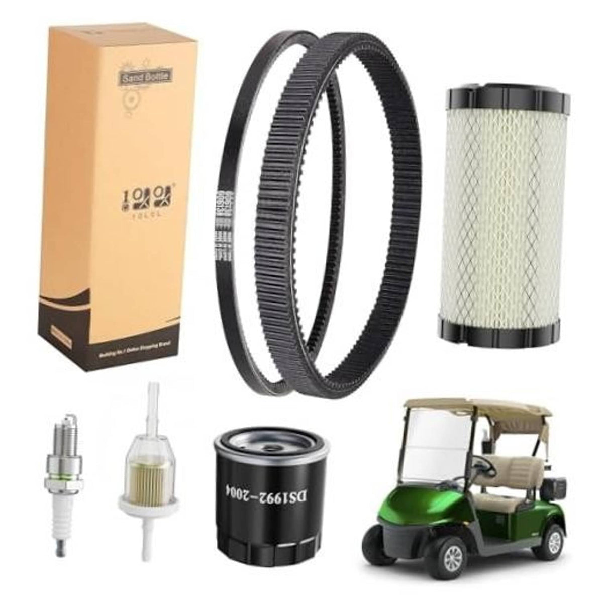 Golf cart tune-up kit with drive belt, air filter cylinder, spark plugs, oil filter, box