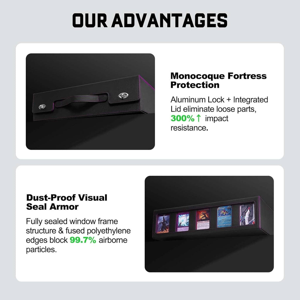 Purple and black trading card storage box with fused sealed window frame