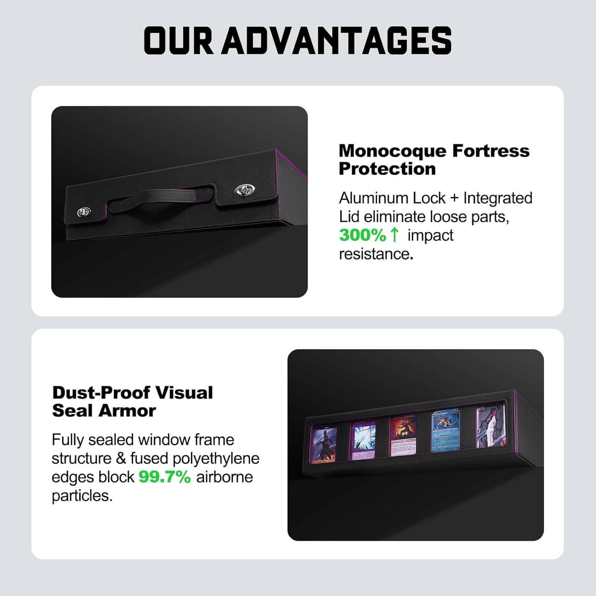 Purple and black trading card storage box with fused sealed window frame