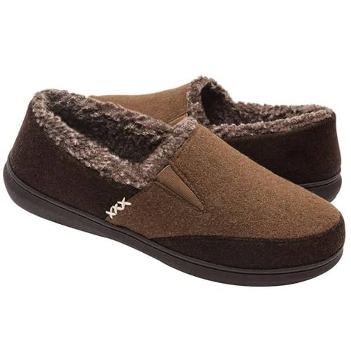 Coffee-brown slip-on house slippers with faux-fur collar and stitched logo