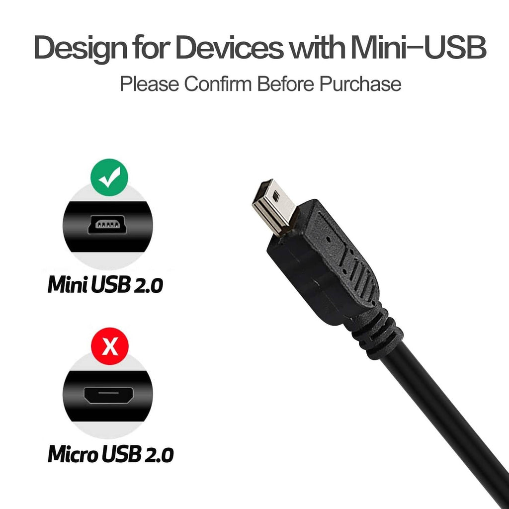 Black USB Type-A to Mini-B cable with mini-USB connector end