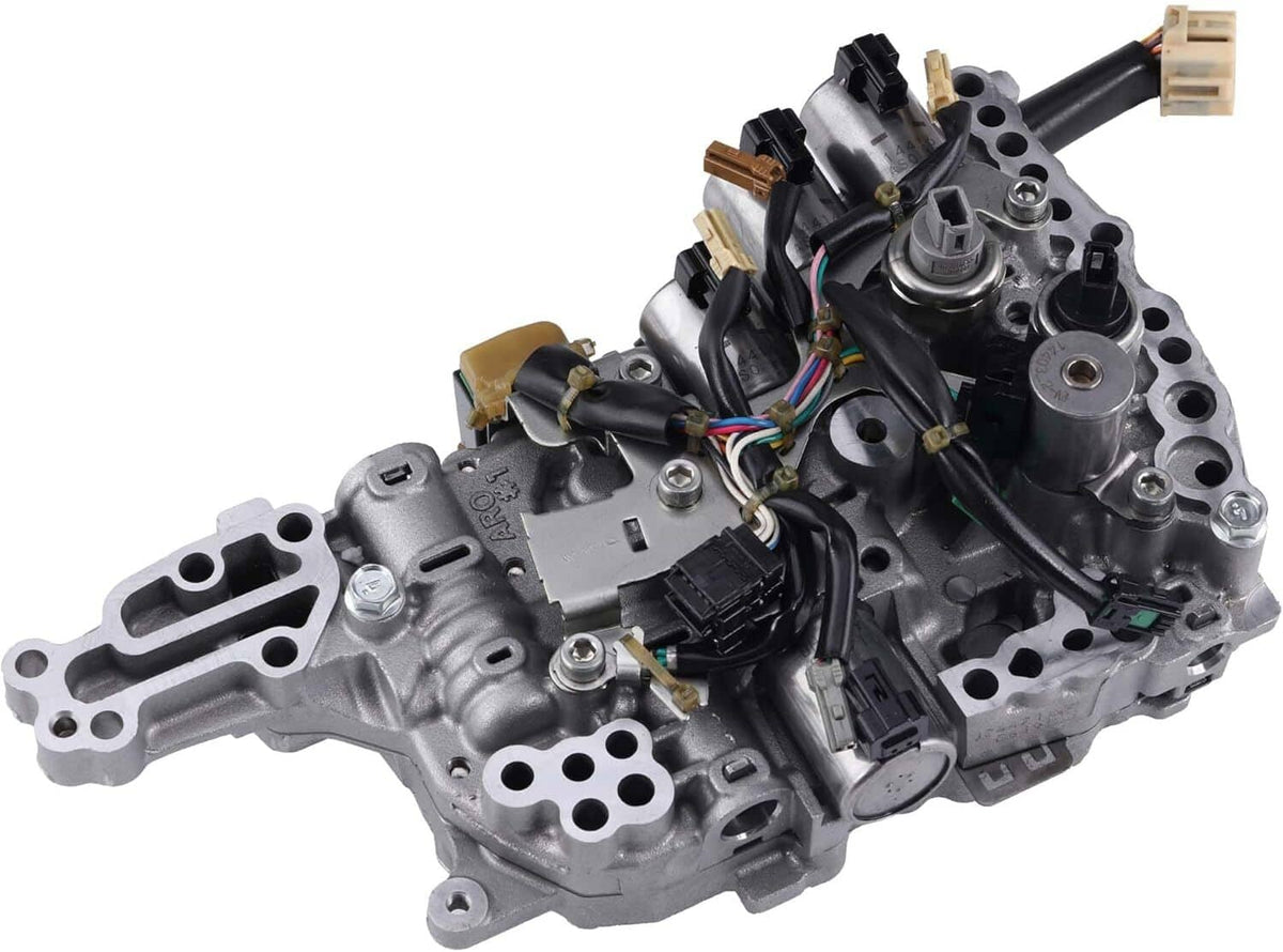 CVT transmission control valve body with solenoids and electrical connectors, metal housing.