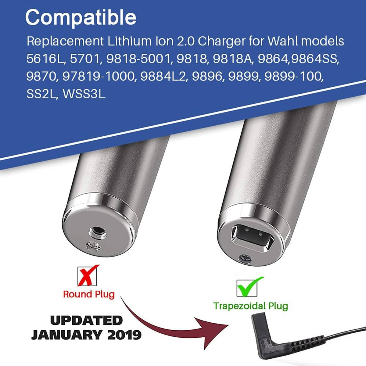 Charger plug types with round and trapezoidal connector ends and attached cable