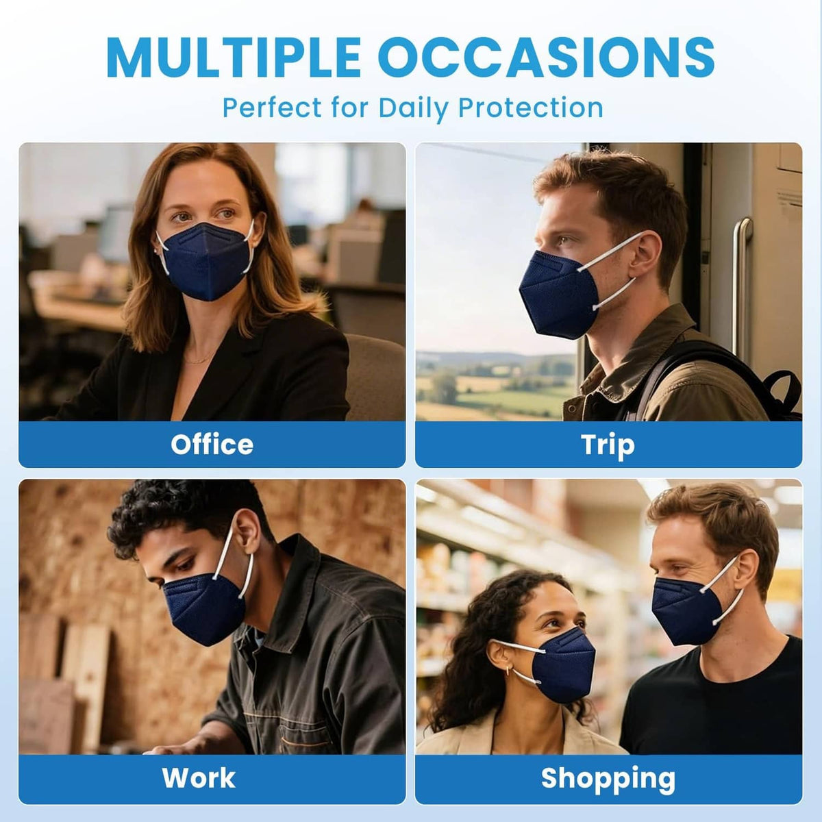 Navy KN95 face masks worn by people for daily protection with ear loops