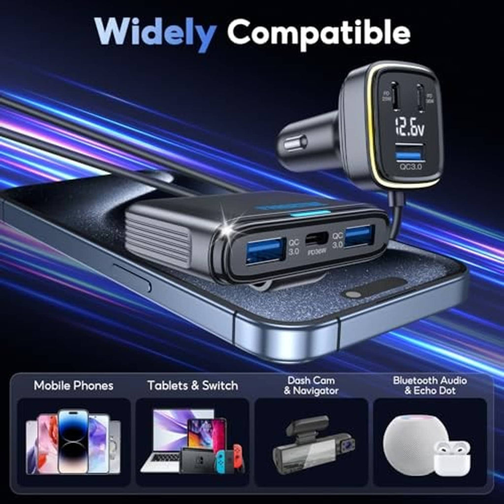 Compact USB car charger with LED display and built-in USB ports for device charging.