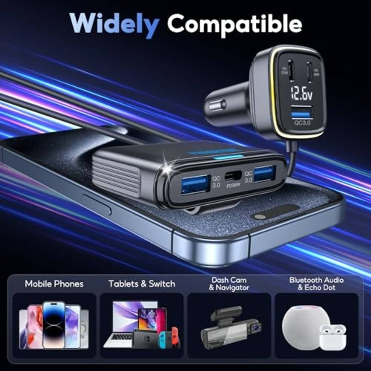 Compact USB car charger with LED display and built-in USB ports for device charging.
