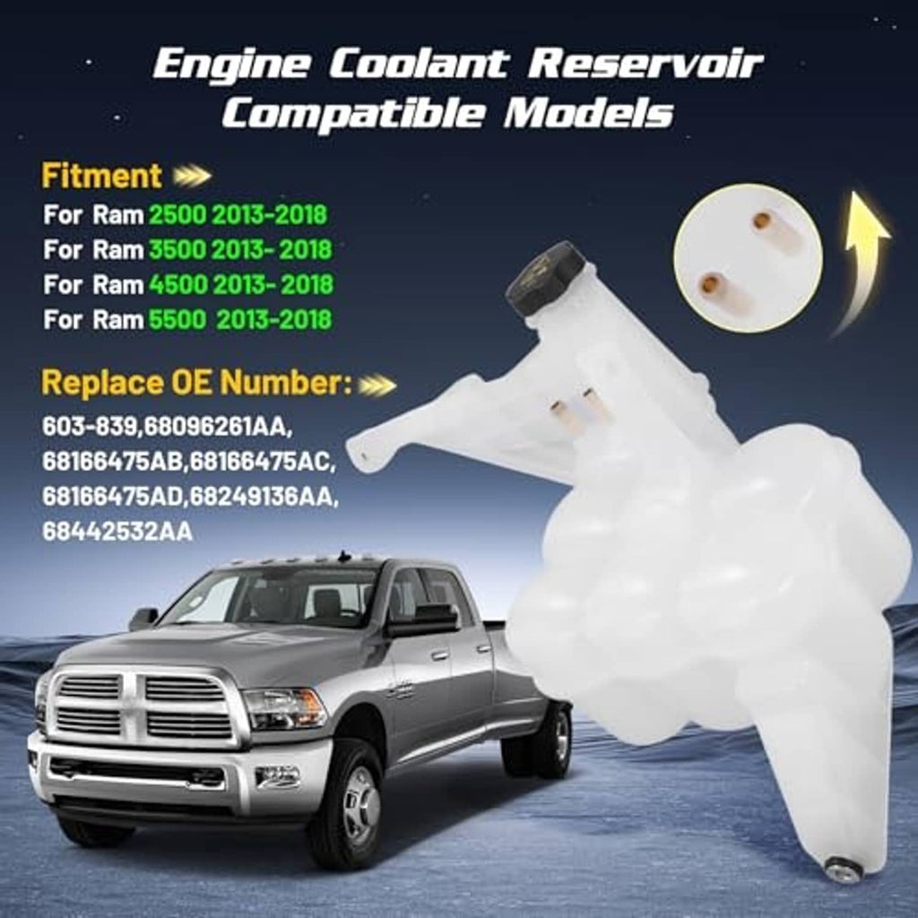 Engine coolant reservoir tank with cap and sensor, white plastic reservoir with spout