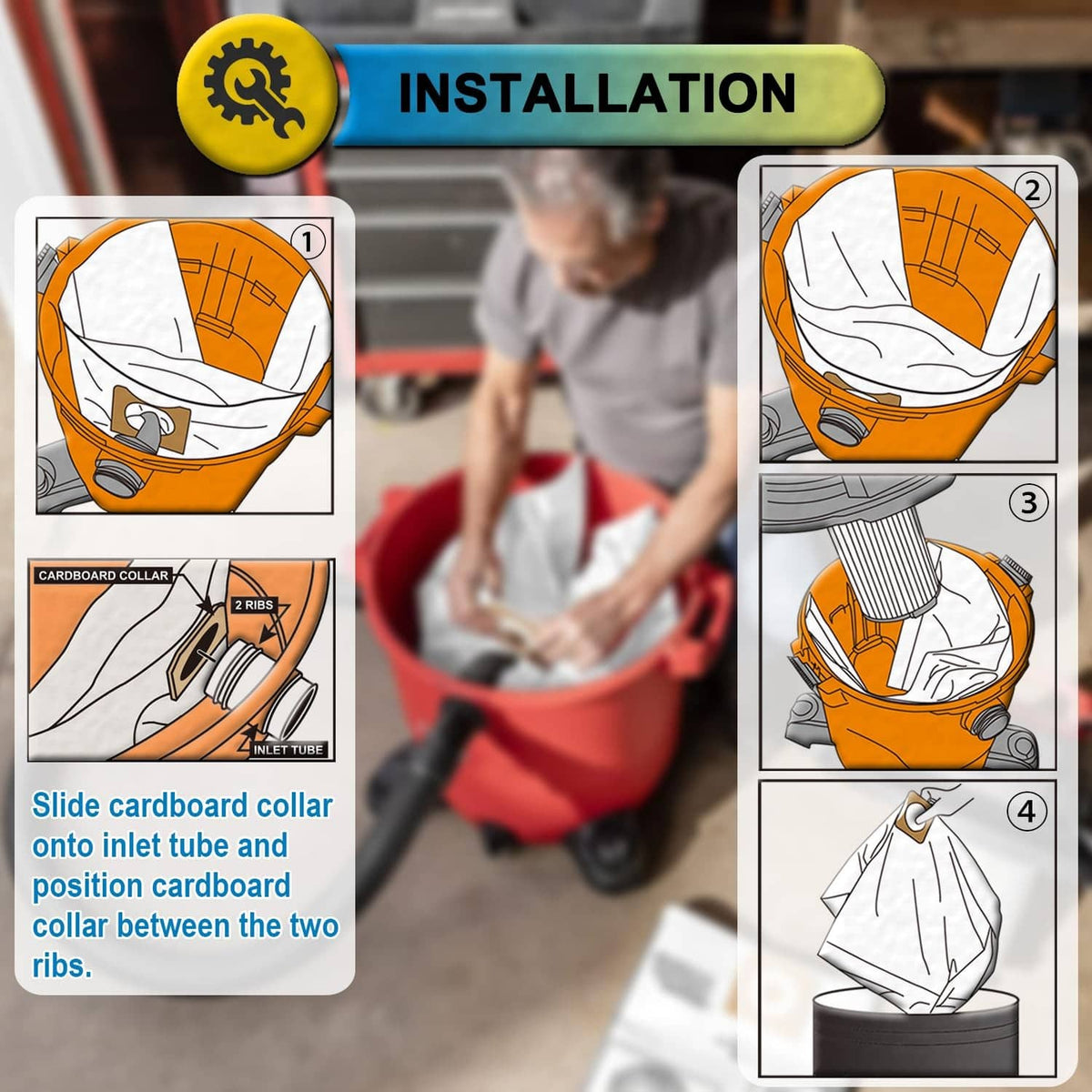 Vacuum bag installation diagram: slide cardboard collar onto inlet tube between ribs