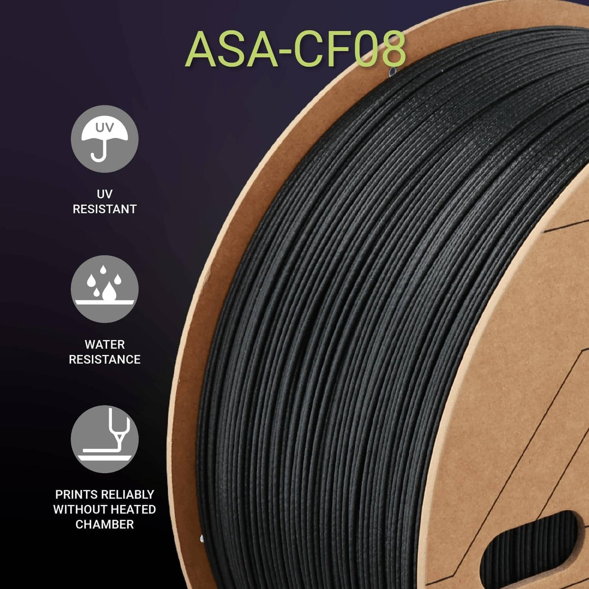 Black 3D printing filament wound on spool, close-up of tightly coiled strands