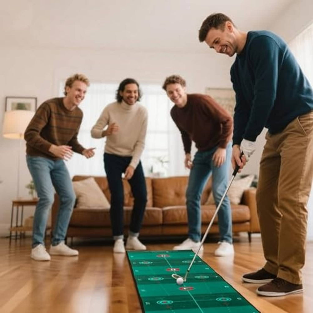 Green putting mat indoors with golfers practicing putts on the mat