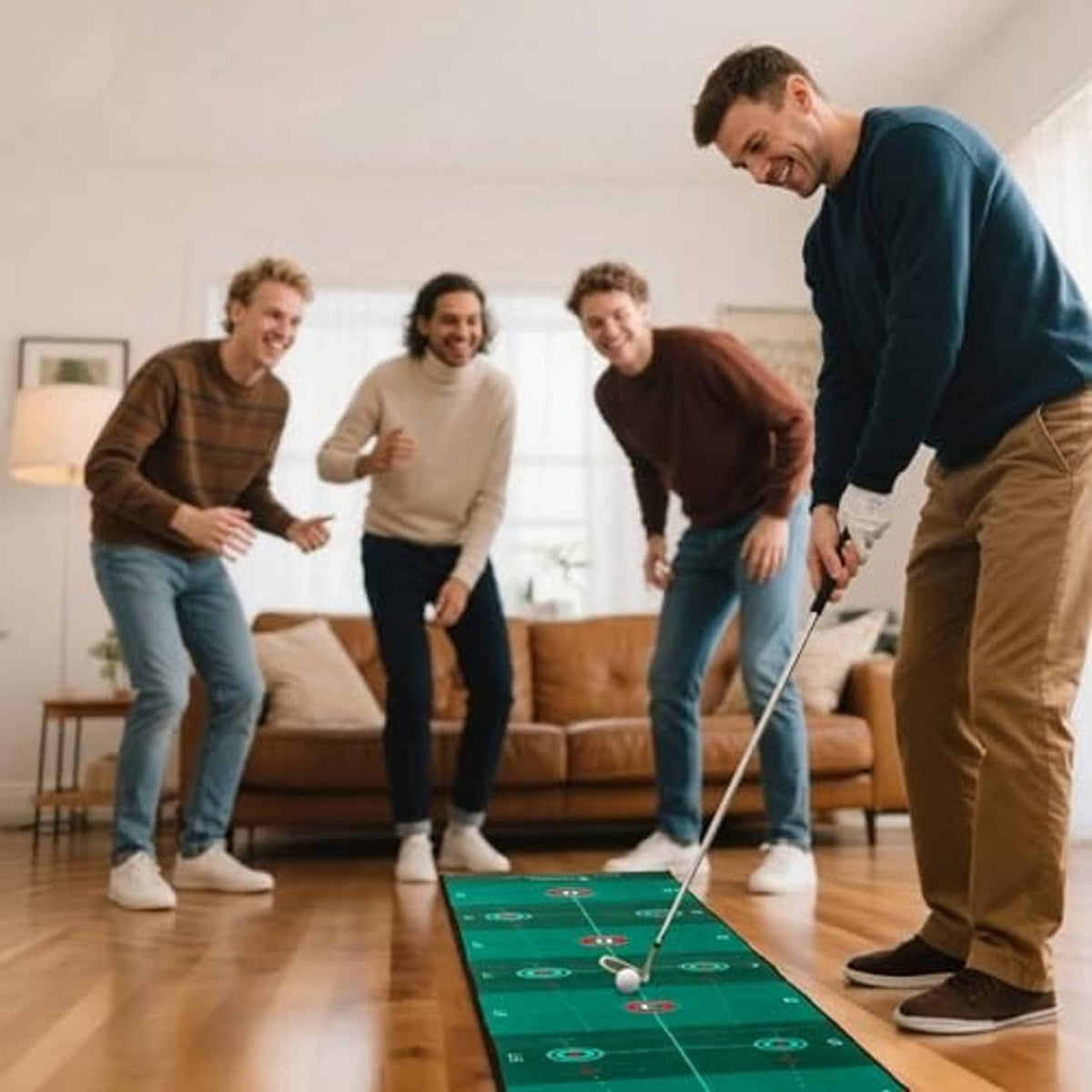 Green putting mat indoors with golfers practicing putts on the mat