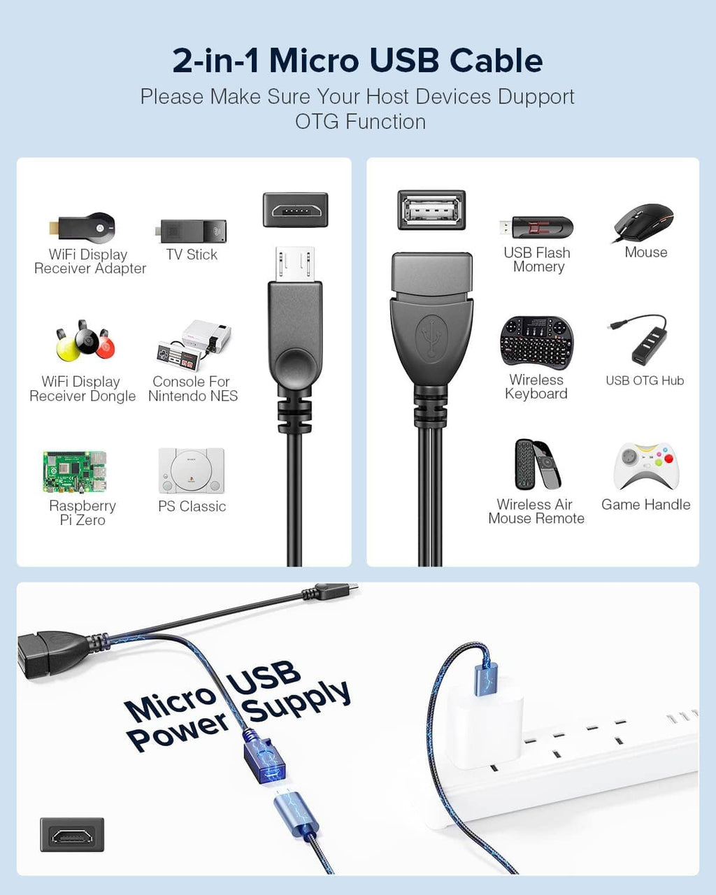 2-in-1 Micro USB OTG cable adapter with black USB hub and micro USB power connector