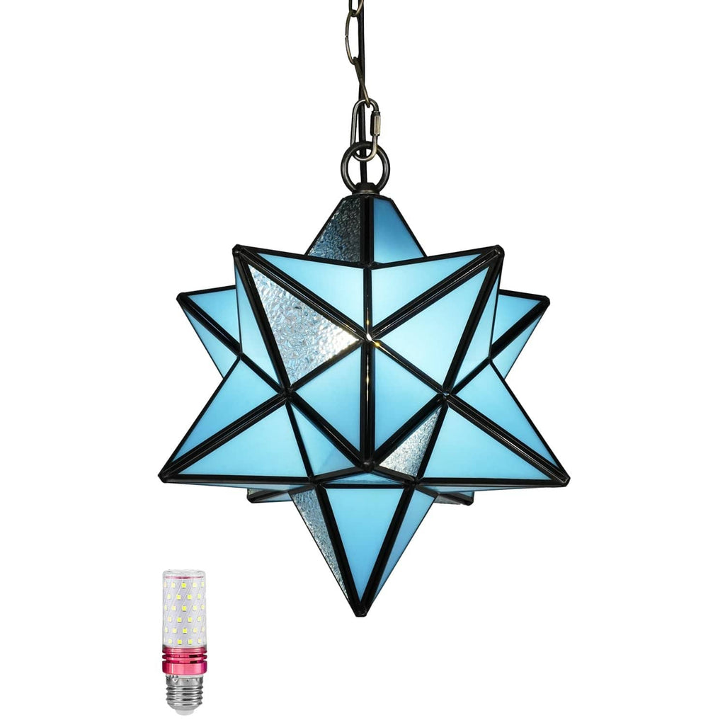 Blue stained glass star pendant light with black metal frame and hanging chain