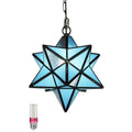 Blue stained glass star pendant light with black metal frame and hanging chain