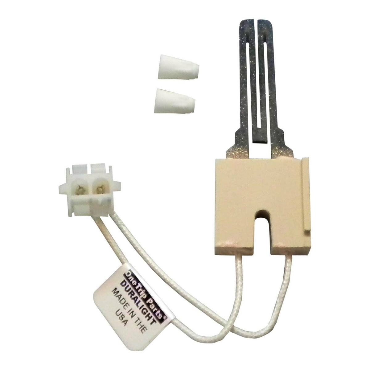 Furnace hot surface ignitor with beige housing, two white connectors, and mounting pins