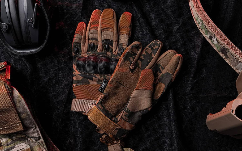 Brown touchscreen sport gloves with stitched panels and adjustable wrist strap.