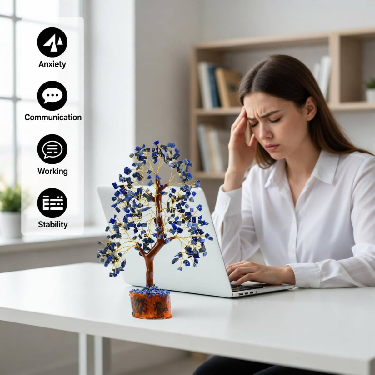 Lapis lazuli crystal tree on amber wooden base with golden wire branches, beside laptop