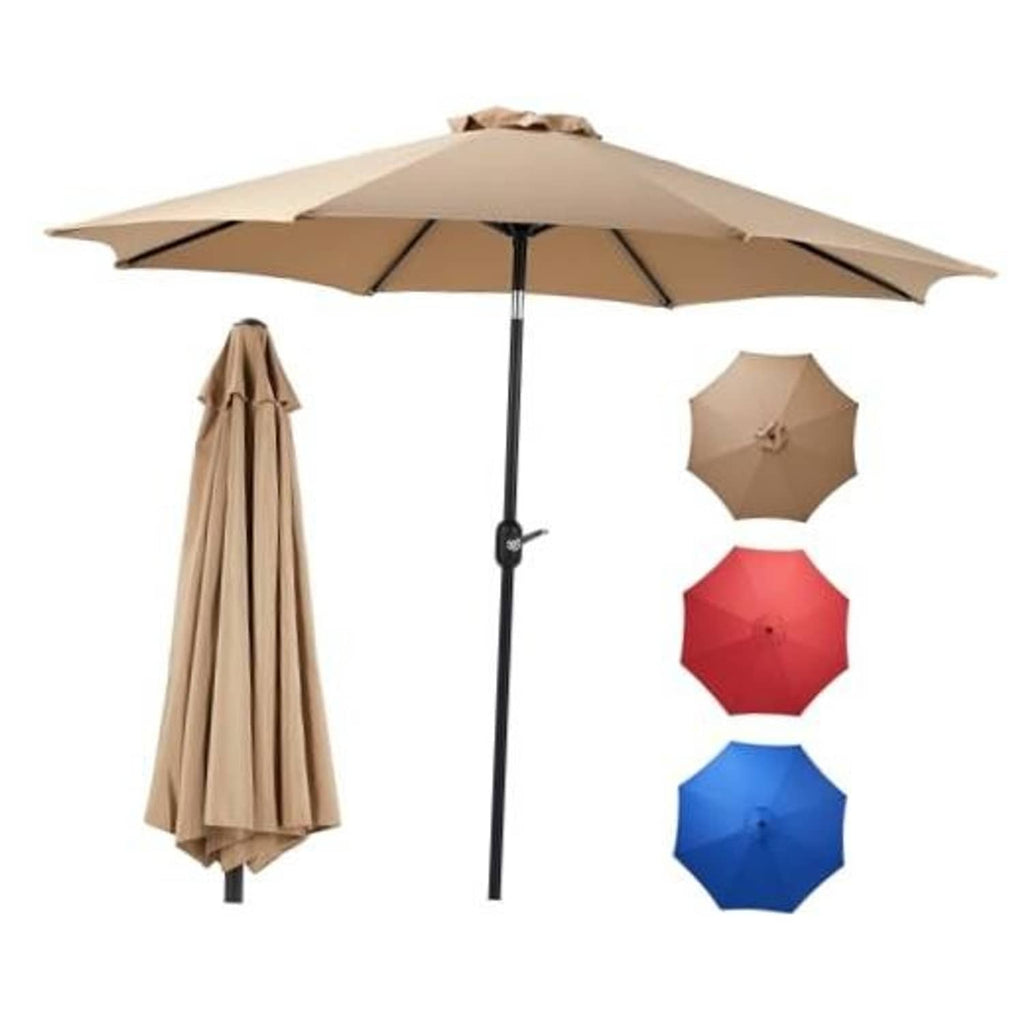 Tan patio umbrella with crank pole and tilt canopy, plus hanging spare fabric panels