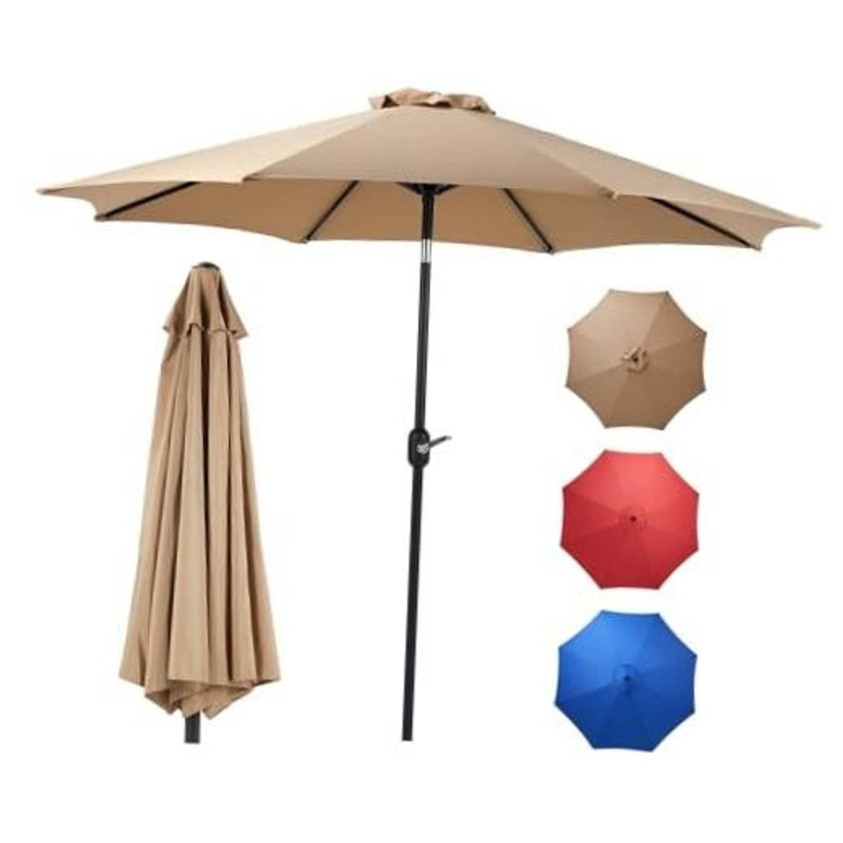 Tan patio umbrella with crank pole and tilt canopy, plus hanging spare fabric panels