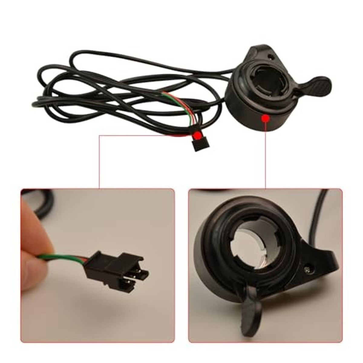 Black thumb throttle controller with wiring connectors and close-up plug details