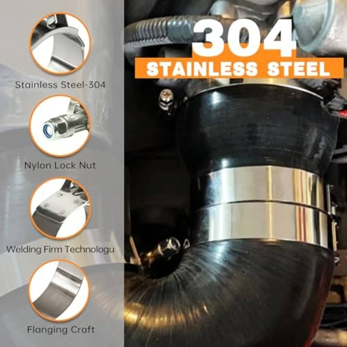 Stainless steel T-bolt hose clamp detail with flanged band and threaded screw