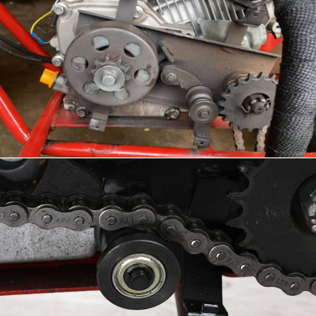 Chain tensioner roller and drive chain installed on a motorcycle engine area