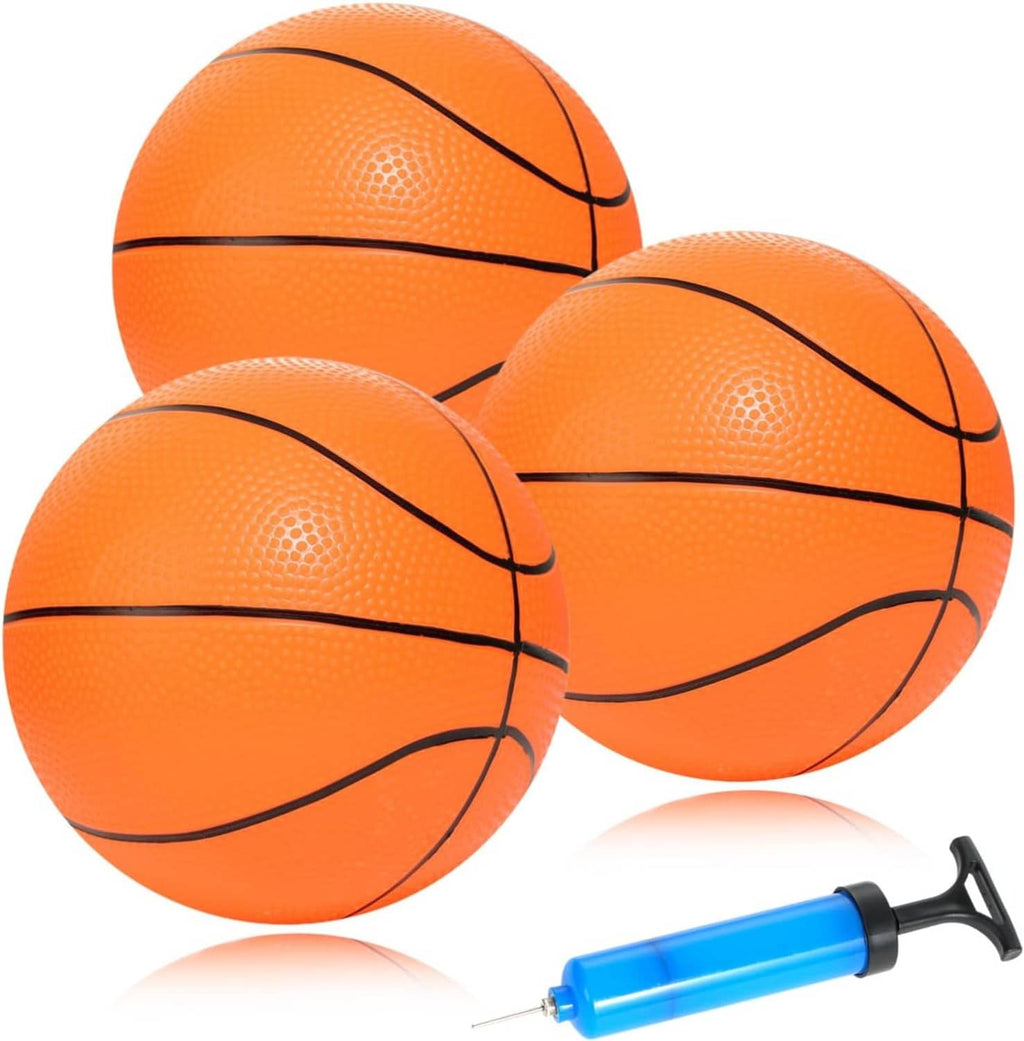 3-pack mini orange basketballs with black lines, includes blue hand pump