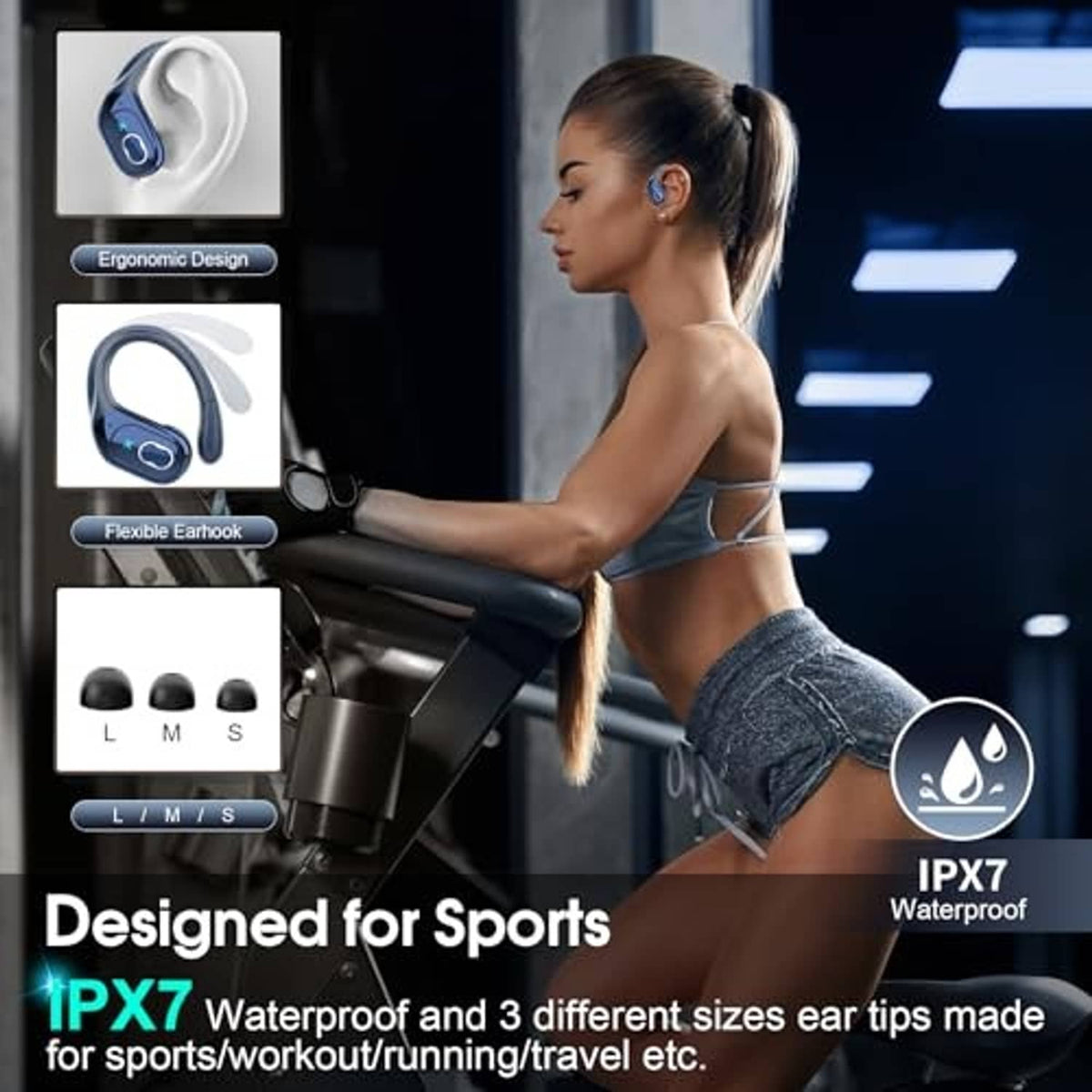 Dark blue sports wireless earbuds worn with secure ear tips and small inline controls