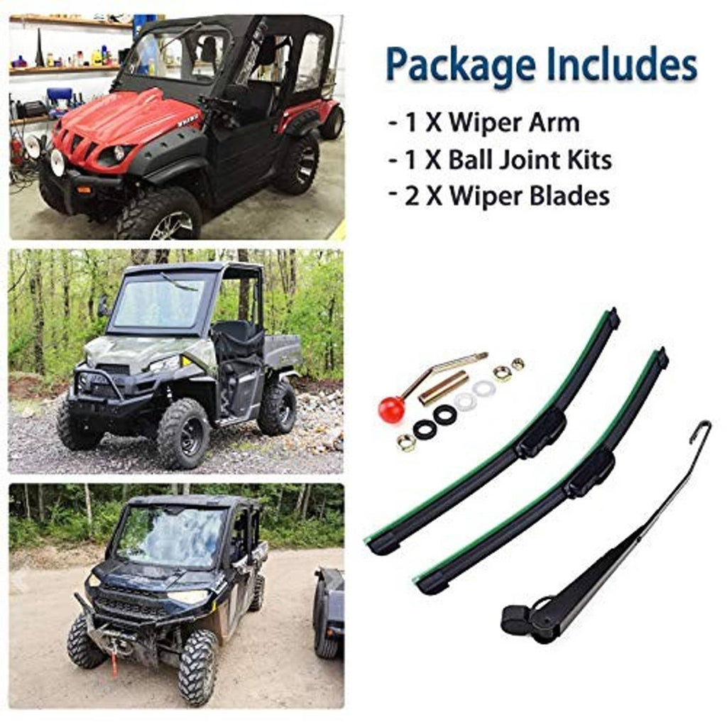 Manual UTV windshield wiper kit contents: wiper arm, ball joint kits, and two blades